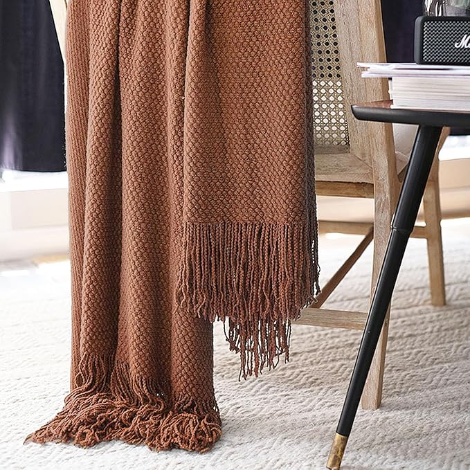 LOMAO Knitted Throw Blanket with Tassels Bubble Textured Lightweight Throws for Couch Cover Home Decor (Caramel, 60x80)