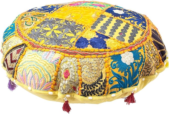 Indian Handmade Patchwork Codework Yellow Round Pouf Cover Ottoman Floor Pillow Cushion Seating Throw Decorative Pom Pom Pillow Cases Boho Hippie Bohemian 32 Inches