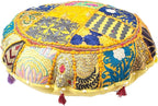Indian Handmade Patchwork Codework Yellow Round Pouf Cover Ottoman Floor Pillow Cushion Seating Throw Decorative Pom Pom Pillow Cases Boho Hippie Bohemian 32 Inches