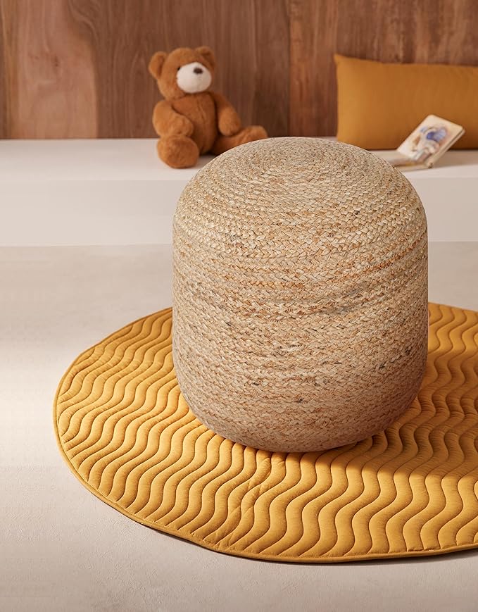 Palisa Ottoman Jute Pouf Handmade Knitted Poof Bean Bag Filling | Boho Pouffe for Living Room & Bedroom | Foot Rest Poufs for Office Home Decor (Natural, 16" D x 16" W x 18" H)