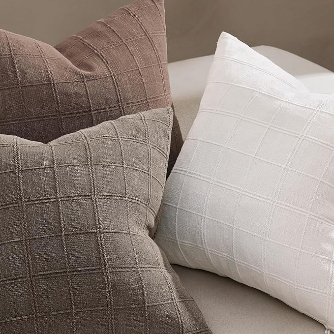 Woaboy Linen Check Throw Pillow Covers Taupe Gray Farmhouse Modern Boho Vintage 22x22 Inch Set of 2 Decorative Cushion Covers for Sofa Couch Bedroom Living Room Home Decor