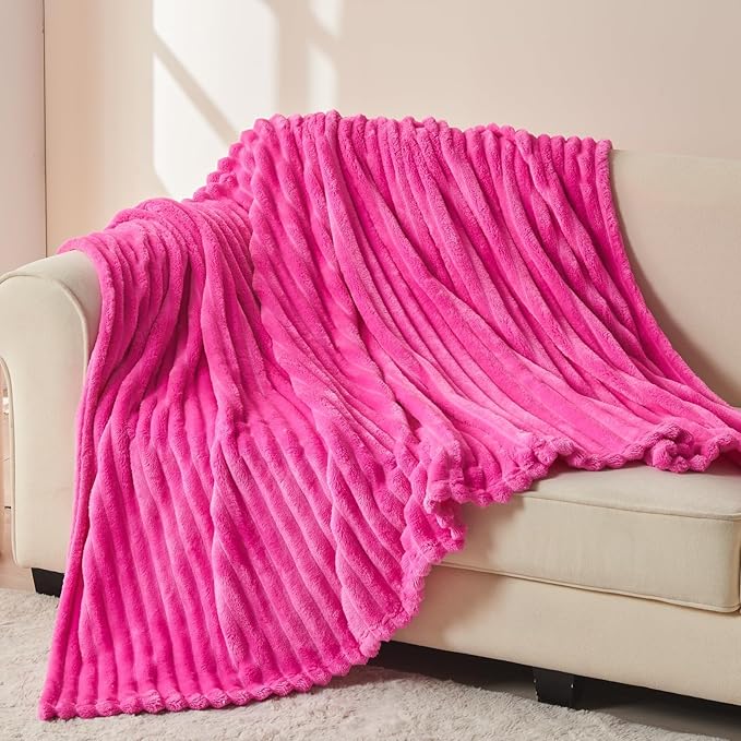 NEWCOSPLAY Super Soft Twin Blanket Hot Pink Premium Silky Flannel Fleece 3D Ribbed Jacquard Lightweight Bed Blanket All Season Use (Hot Pink Ribbed, Twin(60"x80"))
