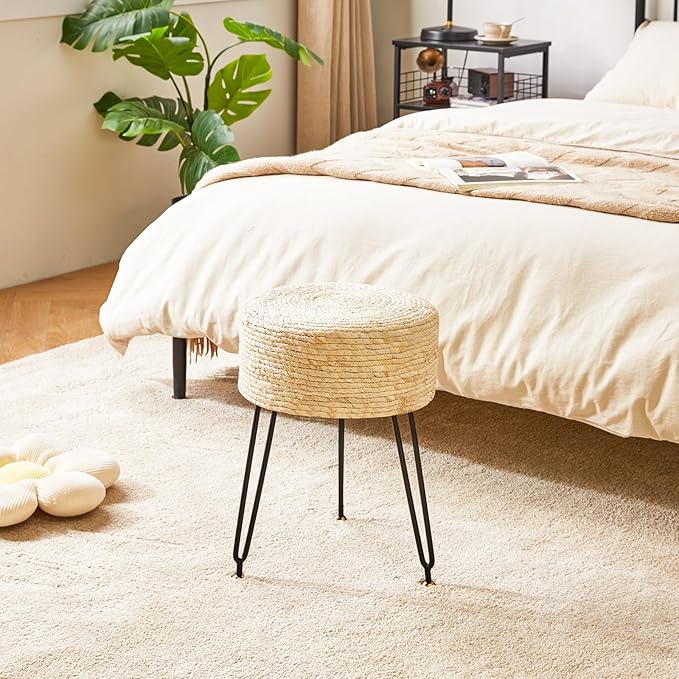 YMYNY Pouf Ottoman, Handmade Natural Water Hyacinth, Pastoral Style Footrest, Footstool with 4 Metal Legs Round Vanity Stool for Bedroom, Hallway, Living Room 12.59"L×12.59"W×17.71"H Beige UHBD029M