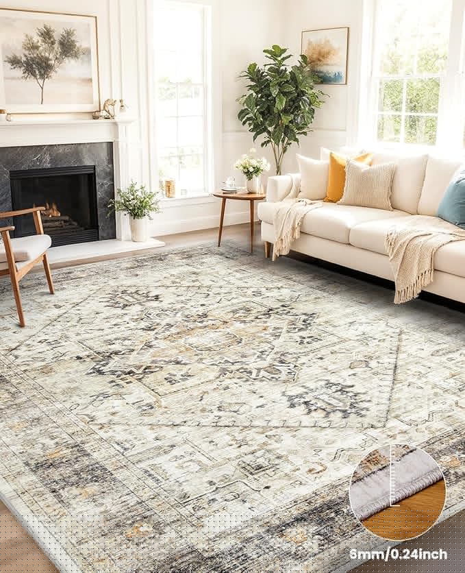 AMADA HOMEFURNISHING 8x10 Area Rugs, Low-Profile Large Washable Area Rug with Non-Slip Backing & Durable Edge Binding, Vintage Rugs for Living Room, Bedroom, Dinning Room