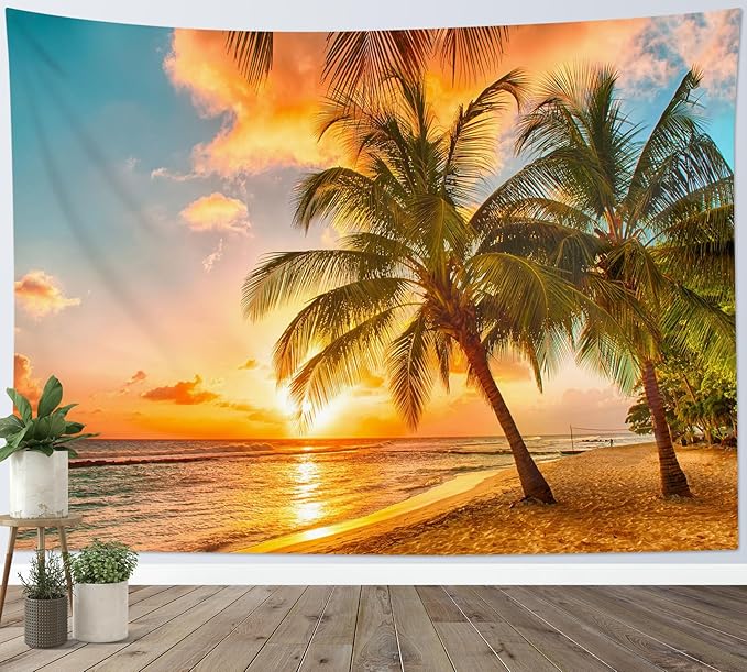 HVEST Beach Palm Tree Tapestry Wall Hanging, Nature Sunrise and Sunset Scence Tapestry, Ocean Coastal Landscape Tapestry for Living Room Bedroom Aesthetic Decor, 60L x 80W Inches