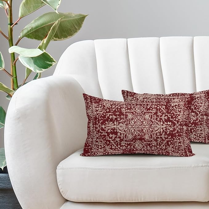 Burgundy Red Boho Lumbar Pillow Covers 12x20 Inch Beige Tan Gray Maroon Pillow Cases for Couch Farmhouse Bohemian Carpet Pattern Ethnic Rectangle Pillow Cases for Bed Patio Covers Outdoor Indoor Set 2