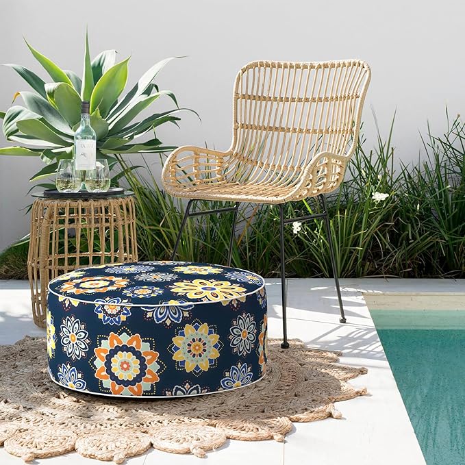 Indoor/Outdoor Inflatable Ottoman with Handle, Decorative Fade-Resistant Round Footstool D21 x H9 inch, Portable Ottoman Pouf for Patio Garden Camping, Bloom Medallion Cobalt