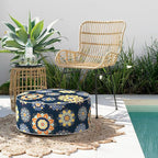 Indoor/Outdoor Inflatable Ottoman with Handle, Decorative Fade-Resistant Round Footstool D21 x H9 inch, Portable Ottoman Pouf for Patio Garden Camping, Bloom Medallion Cobalt