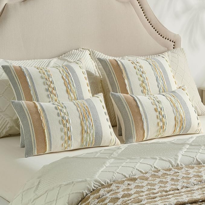 FUTEI Blue Green Khaki Decorative Throw Pillow Covers 12x20 Inch Set of 2, Soft Tufted Striped Textured Accent Pillow Case,Boho Pillows for Couch Decor