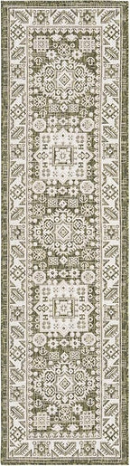 Rugs.com Outdoor Aztec Collection Rug – 8 Ft Runner Green Flatweave Rug Perfect for Hallways, Entryways