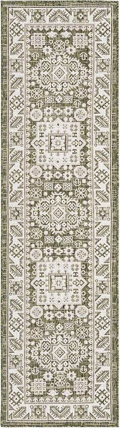 Rugs.com Outdoor Aztec Collection Rug – 8 Ft Runner Green Flatweave Rug Perfect for Hallways, Entryways