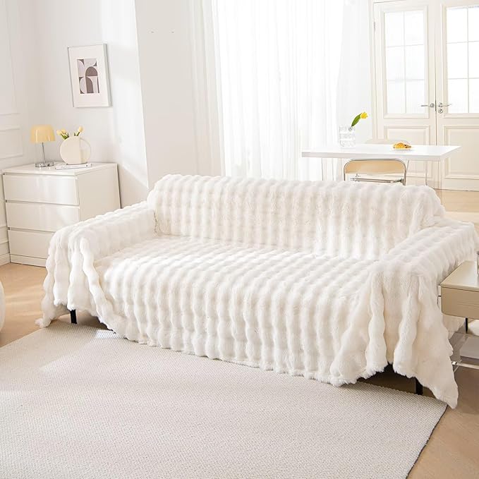 VClife Soft Plush Faux Fur Couch Cover, Warm Fuzzy White Sofa Covers for 3 Cushion Couch Sofa (71"x150") Non Slip Couch Covers for Dog Cat Washable Thick Furniture Protector for Pets