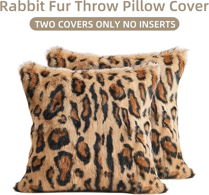 MOOX Rabbit Fur Throw Pillow Covers Decorative Fluffy Soft Fuzzy Plush Luxury Genuine Animal Skin Lumbar Pillow 18"x18" Cushion Cover, Leopard Print