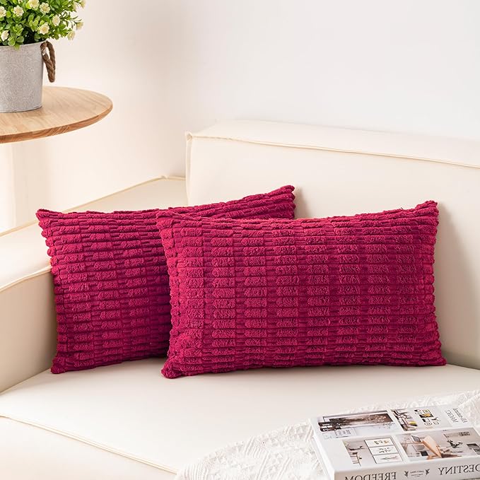Pack of 2 Corduroy Decorative Throw Pillow Covers 12x20 Inch Soft Striped Pillow Covers Modern Farmhouse Home Decor for Sofa Living Room Couch Bed（Rose Red）