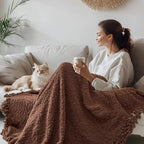 Throw Blanket for Couch, Brown Luxury Knitted Throws 50"x60", Textured Blankets with Handmade Fringe Tassels for Bed Sofa Decorative, Chunky Soft Farmhouse Boho Home Decor