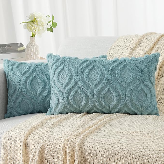 decorUhome Cozy Textured Throw Pillow Covers 12x20 Inch Set of 2, Soft Plush Faux Wool Aqua Accent Couch Pillow Covers for Modern Farmhouse Sofa Bed Living Room