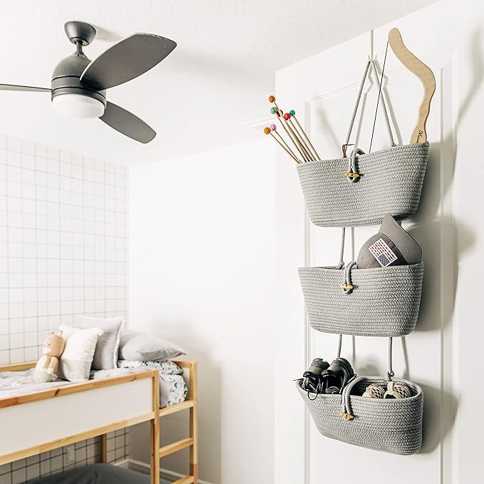 OrganiHaus Grey Wall Hanging Storage Basket | Behind Door Storage | Wall Storage Baskets Over Door | 3 Tier Hanging Basket | Woven Baskets Bathroom Organizer | Wall Hanging Baskets for Organizing