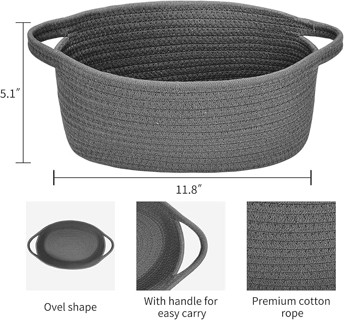 ABenkle Small Woven Storage Basket with Handles - 12"x8"x5", Decorative Rope Bin for Home Organization, Cat & Dog Toys, Shelf Storage, Gift Basket - Deep Grey