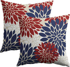 4th of July Blue Red White Pillow Covers 18X18 Inch Set of 2, Modern Geometry Dahlia Floral Print Holiday Decorative Throw Pillow Covers Outdoor Farmhouse Cushion Case for Couch Sofa Bed Decor