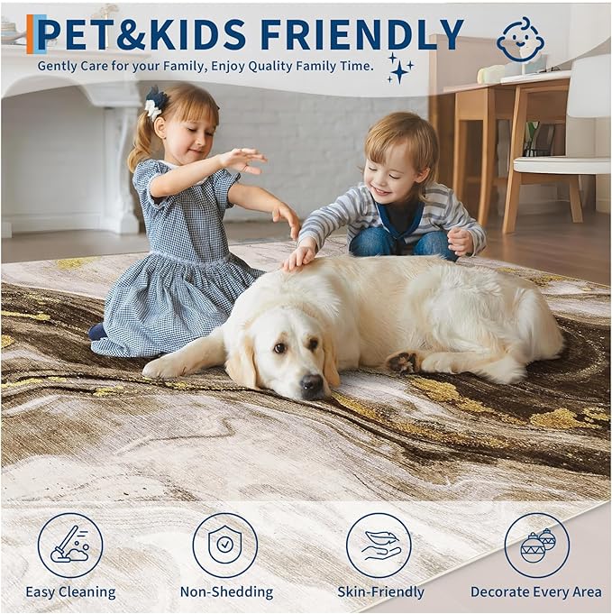 GarveeHome Large Area Rugs 10x13 Modern Abstract Rug with Marble Swirl Pattern, Neutral Abstract Rugs for Farmhouse, Stain-Resistant Low Pile Floor Cover for Bedroom Living Room Office, Brown