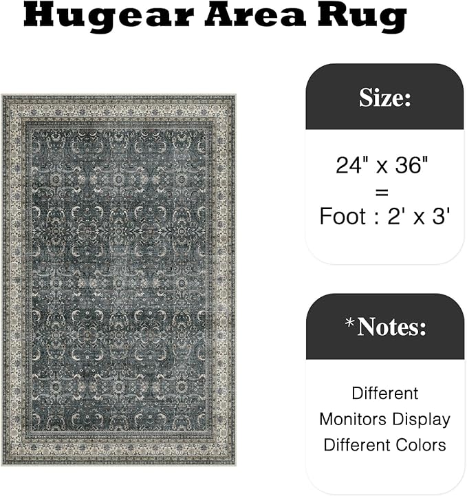 HUGEAR 2x3 Entryway Area Rug Vintage Black Small Rug Machine Washable Door Mat Retro Floral Low Pile Carpet Vacuumable Distressed Throw Rug Entrance Kitchen Bathroom Bedroom Non Slip Lightweight