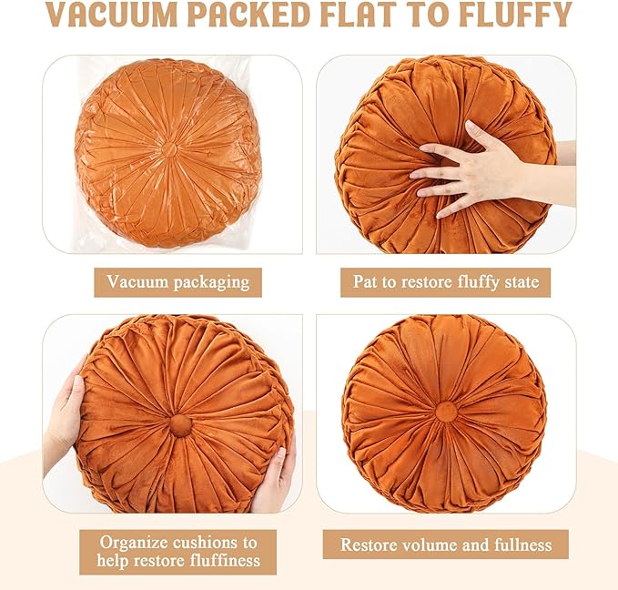 Round Throw Pillows Decorative Pleated Throw Pillows 15'' Diameter Accent Pumpkin Boho Chair Cushion for Couch Sofa Home Decoration(Burnt Orange,1 Pcs)