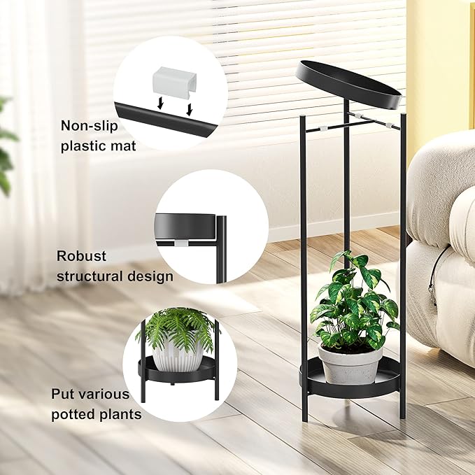 2 Tiers Tall Plant Stand - 30" Indoor Outdoor Metal Flower Pot Holder Shelf for Multiple Plants, Removable Display Rack for Living Room Bedroom Patio Garden & Balcony Corner (Black)