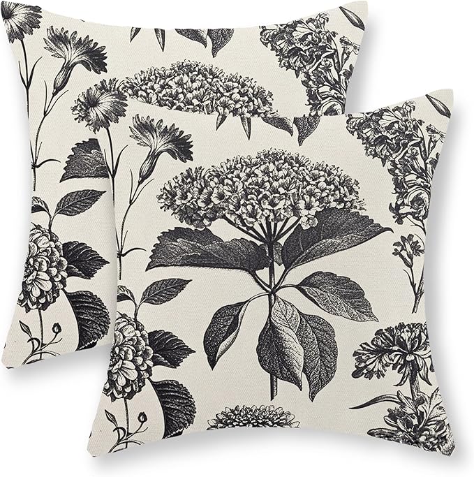 Black Pillow Covers 16x16 Set of 2 Vintage Boho Floral Hydrangea Herbs Botanical Throw Pillow Cover Outdoor Flower Decoration Pillowcase Linen Farmhouse Cushion Case Decorative for Couch Sofa