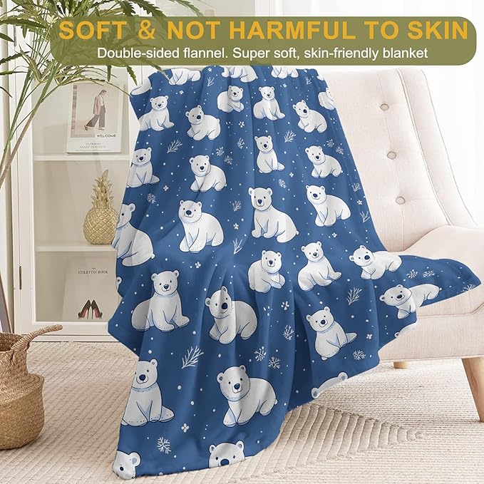 Cute Polar Bear Fleece Blanket - Lightweight Soft Cozy Gifts Throw for Animal Lovers,Kids,Women,Winter White Bears Blue Blankets,Home Room Modern Festive Decor 50x60in