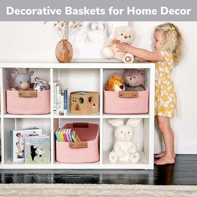 CHICVITA Pink Storage Baskets for Organizing, Gift Basket for Toys, Baby Basket for Diapers, Decorative Woven Baskets for Storage for Living Room, 14.5" x 13" x 6"