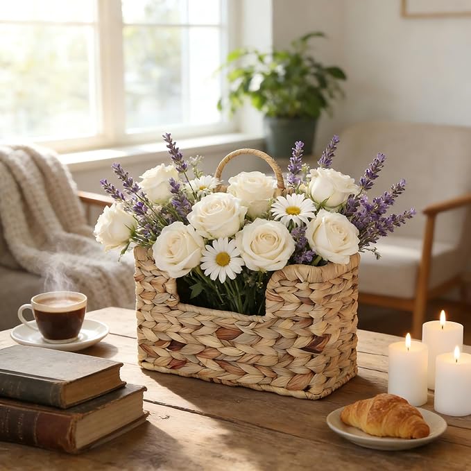 Woven Water Hyacinth Wall Basket - Hanging Magazine Holder & Mail Organizer, Natural Wicker Wall Storage Pocket for Files, Books, Entryway & Office Decor