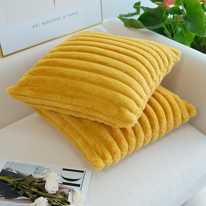 JOJUSIS Pack of 2 Faux Fur Plush Decorative Throw Pillow Covers Couch Cushion Case Soft Pillowcases (Mustard Yellow, 22 x 22-Inch)
