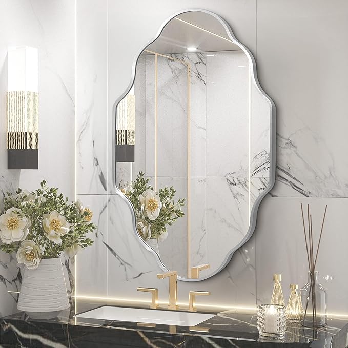 Scalloped Mirror for Bathroom - 26"x46" Silver Bathroom Mirror with Aviation Aluminum Alloy Frame & Shatter-Proof Glass for Living Room Bedroom Entryway, Brushed Silver Frame(x1)