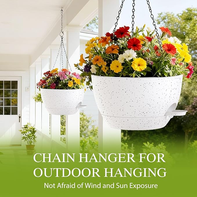 12 Inch Hanging Baskets 2 PC with Chains, Self-Watering Hanging Planters for Indoor Outdoor Plants, Plastic Hanging Flower Pots,Speckled White