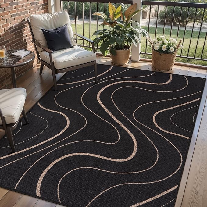 Tangsoo Easy Jute 3x5 Rug for Bedroom,Non Slip Washable Small Area Rug,Farmhouse Black LinesThin Indoor Outdoor Throw Carpet for Front Porch Patio Entryway Balcony Living Room