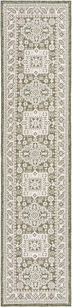Rugs.com Outdoor Aztec Collection Rug – 12 Ft Runner Green Flatweave Rug Perfect for Hallways, Entryways