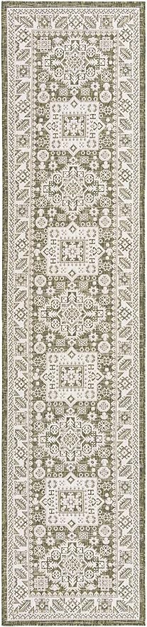 Rugs.com Outdoor Aztec Collection Rug – 12 Ft Runner Green Flatweave Rug Perfect for Hallways, Entryways