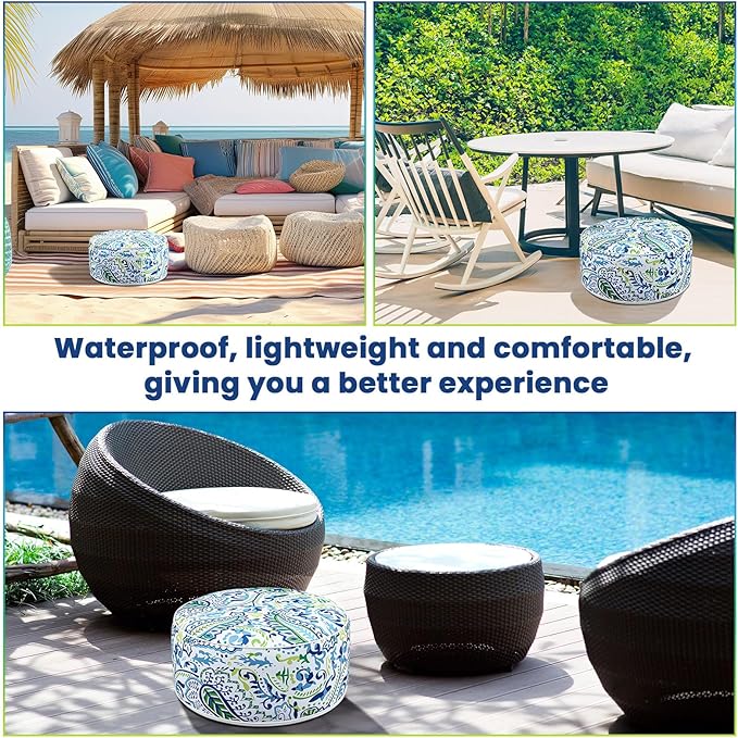 Outdoor Inflatable Ottoman Waterproof Pouf Ottoman with Handle D21 x H9, Water Repellent Portable Footstool for Patio Garden Camping or Home(Paisley)