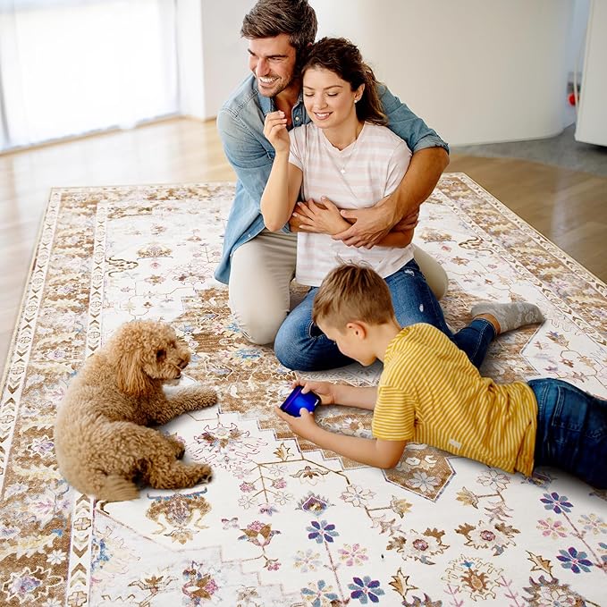 Amearea Vintage Design Area Rugs for Living Room, 6x9 Machine Washable Floral Collection Traditional Bedroom Rug, Low Pile Cute Kids Room Print Carpet, No Slip Office Kitchen Home Decor, Gold Yellow