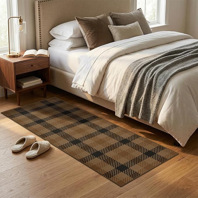 2x6 Runner Rug for Entrance Indoor - Brown Checkered Outdoor Runner Rug for Porch, Patio, Balcony, Non Slip Hallway Carpet 6ft, Washable Kitchen Mat - Easy Jute Earthy Tan Rustic Accent Décor