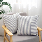 YCOLL Farmhouse Pillow Covers 22x22, Modern Accent Throw Pillow Covers Set of 2, Navy and Beige Striped Patchwork Linen Decorative Pillows Cushion Covers for Couch Chair Bedroom Home Decor