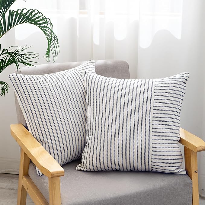 YCOLL Farmhouse Pillow Covers 22x22, Modern Accent Throw Pillow Covers Set of 2, Navy and Beige Striped Patchwork Linen Decorative Pillows Cushion Covers for Couch Chair Bedroom Home Decor