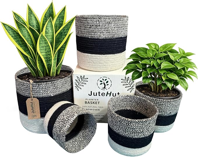 Planter Basket Set – 5-Piece Handwoven Jute Planter Basket for Home Decor, Nursery, or Indoor Plants (5'' to 8'' Diameter, 4.75'' to 7.75'' Height) – Wrinkle Free - Gray, Black & Natural Stripe
