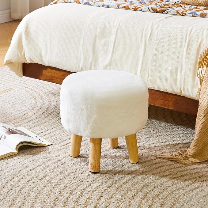 YMYNY Round Pouf Ottoman Small Foot Stool Faux Fur Foot Rest for Couch Modern Boho Footstools with Wood Legs for for Living Room Bedroom Office 12.6" D×12.6" W×12.6" H White UHBD035W