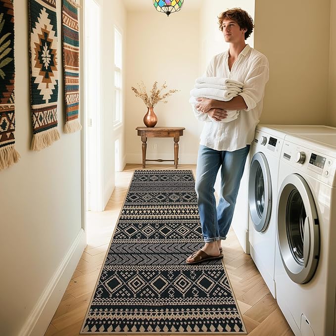Lahome Easy Jute Boho Runner Rugs for Kitchen, 2x8 Washable Runner Non Slip Stain Resistant, Black Geometric Print Distressed Indoor Outdoor Rug for Laundry Room Hallway Decor