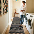 Lahome Easy Jute Boho Runner Rugs for Kitchen, 2x8 Washable Runner Non Slip Stain Resistant, Black Geometric Print Distressed Indoor Outdoor Rug for Laundry Room Hallway Decor