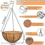 ZeeDix 2 Pack 14 Inch Metal Hanging Baskets for Plants Outdoor, Wire Round Planters with Coco Coir Liner, Hanging Flower Baskets for Home Garden Porch Balcony Railings Decor