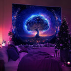 Avinyl Blacklight Tree and Space Tapestry for Bedroom, Aesthetic Cool Black Light Tree of Life Tapestries for Girl, Fantasy Stars Galaxy Wall Hanging for Living Room Teen Dorm Christmas Festival Decor (60" x 79")
