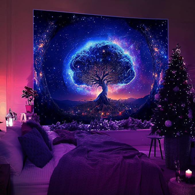 Avinyl Blacklight Tree and Space Tapestry for Bedroom, Aesthetic Cool Black Light Tree of Life Tapestries for Girl, Fantasy Stars Galaxy Wall Hanging for Living Room Teen Dorm Christmas Festival Decor (60" x 79")
