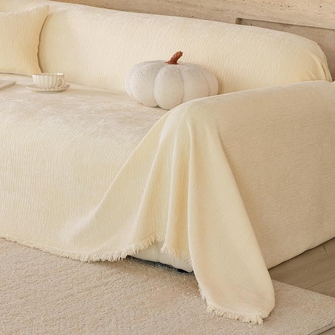 ROOMLIFE Couch Cover Sofa, Boho Chenille Couches Covers for 3 Cushion Sofas, Non Slip Soft Breathable Sofa Slipcovers for Pet, Washable Furniture Protector with Tassel,71''X134”